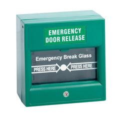 Break glass emergency release, green CSM security suppliers Security wholesalers